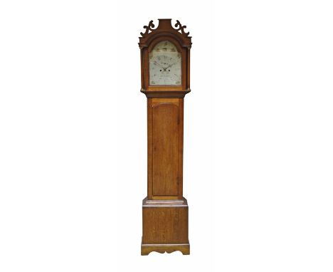 An oak long case clock, by J. Last, Stalham, 19th century, the hood with pierced fretwork foliate cresting above arched glaze