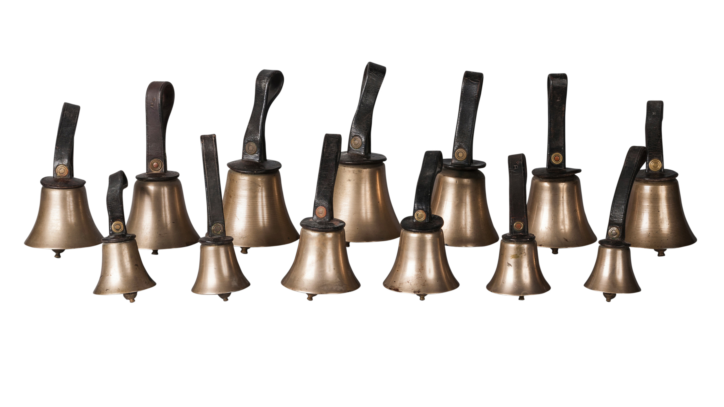 A set of thirteen English hand bells, manufactured by the Whitechapel