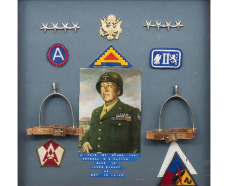A group of insignia and a pair of spurs commemorating General Patton, US Army, including,  a pair of spurs with leather strap