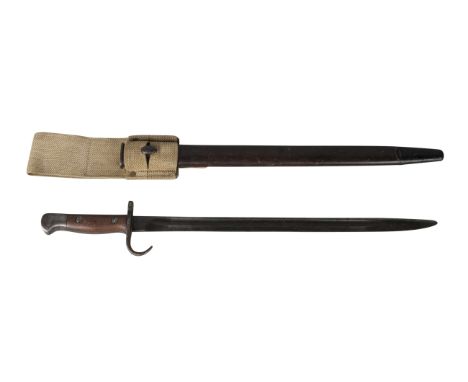 A British 1907 pattern bayonet with hooked quillon, the bayonet with fullered blade 42cm, dated on the ricasso 1907, manufact