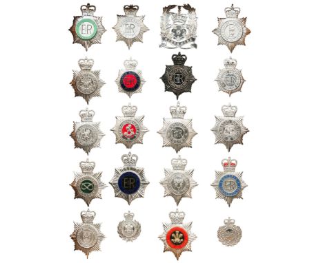 A Collection of British and American police badges, comprising:  sixty metal and enamel British police metal helmet badges of