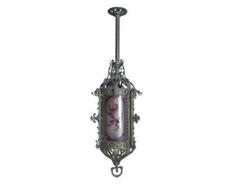 A Gothic taste cast iron gas lantern, 19th century, with cylindrical ruby and etched glass shade decorated with floral sprigs