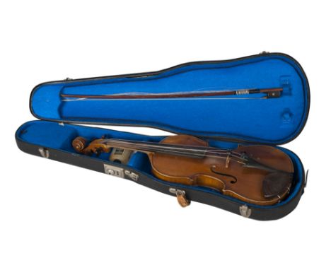 A violin, 20th century, with label to interior Mansuy, 60cm long, together with a bow, in a case overall worn to the high poi