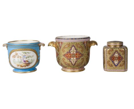 A Sevres style porcelain wine cooler, seau a glace, 19th century, with two scrolling handles, painted with oval reserves of f