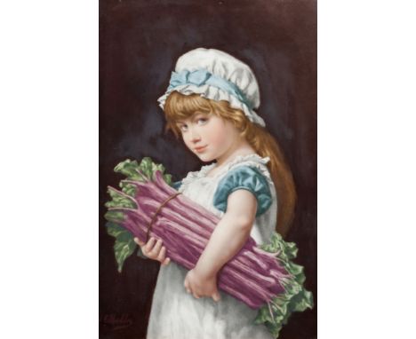 A Continental porcelain rectangular plaque, late 19th/early 20th century,  painted with a young girl  wearing a white bonnet 
