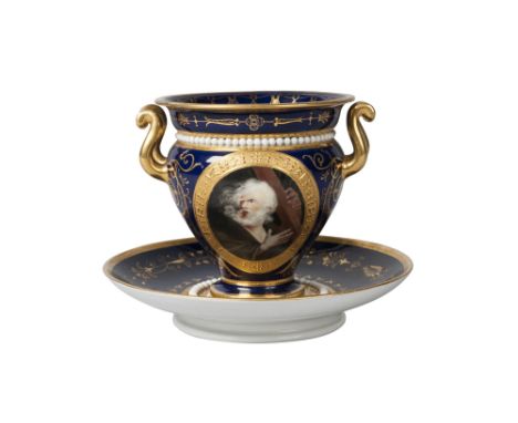 A Flight Barr & Barr porcelain twin handled cabinet cup and saucer, early 19th century, the vase form cup applied with a line