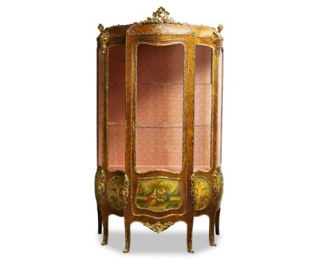 A Louis XV style Vernis Martin gilt metal mounted vitrine, 20th Century, the central glazed door enclosing two removable shel