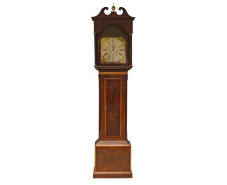 A George III mahogany and satinwood banded longcase clock by James Chester, the hood with swan neck cresting and brass ball f