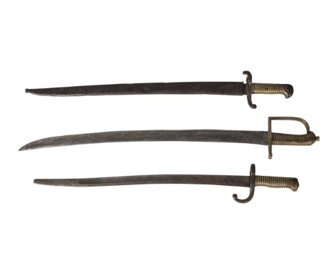 Two brass hilted bayonets and a sword, comprising: a French 1866  pattern Chassepot bayonet without scabbard, 67.5cm; a Germa