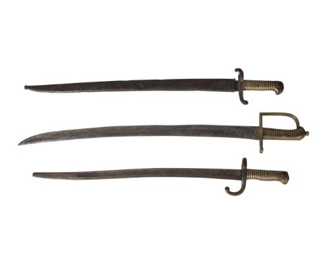 Two brass hilted bayonets and a sword, comprising: a French 1866  pattern Chassepot bayonet without scabbard, 67.5cm; a Germa