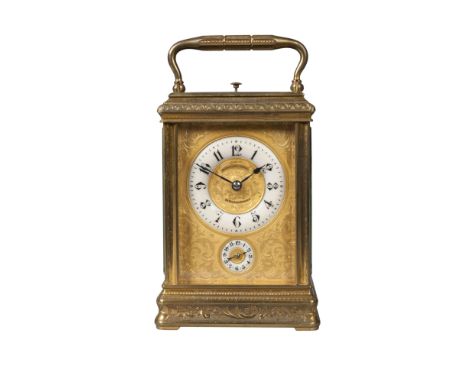 A French brass repeating carriage clock by Drocourt , late19th century, the case engraved to the edges and base with geometri