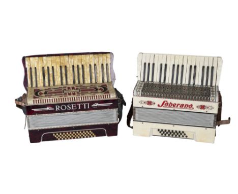 A Rossetti red pearl finish accordion, 42cm wide and a Soberand accordion in a case (2)  