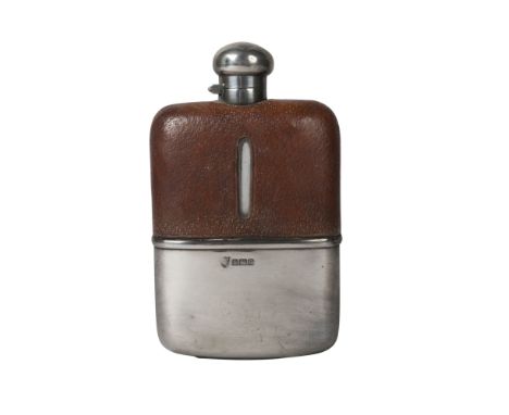 A silver and leather mounted glass hip flask, Birmingham c.1927, J. B Chatterley & Sons Ltd., 16.5cm high  Dents to cover