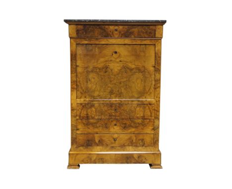 A French burr walnut escritoire, 19th century, the rectangular top with grey marble, above frieze drawer and fall front, encl