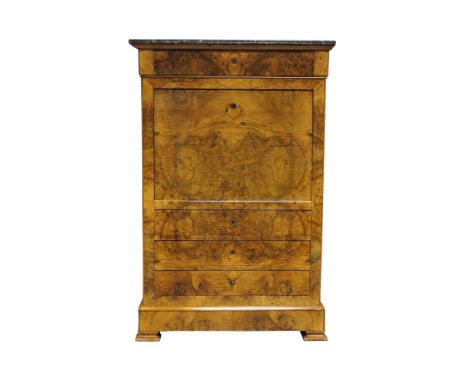 A French burr walnut escritoire, 19th century, the rectangular top with grey marble, above frieze drawer and fall front, encl