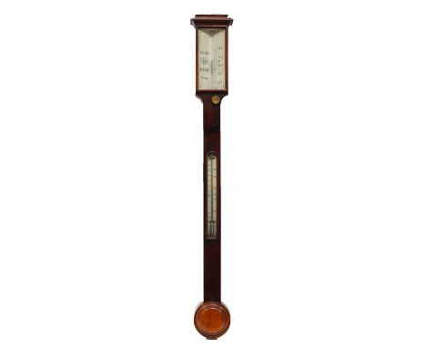 A Victorian mahogany barometer, with engraved ivory indicator boards for rain/fair/stormy, with inset thermometer to trunk, 9