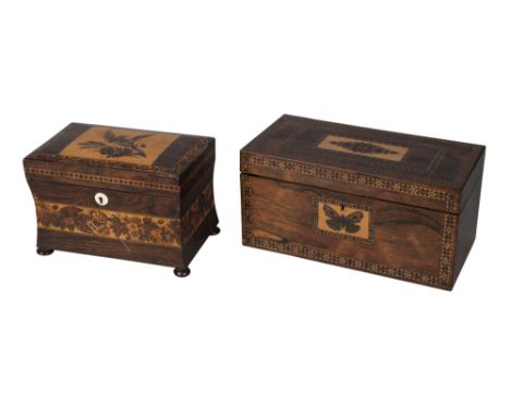 A  large Victorian Tunbridgeware tea caddy, decorated to the escutcheon plate with a butterfly and to the lid with a scrollin