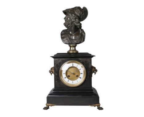 A French slate and bronze mounted mantel clock, 19th century, mounted with a portrait bust of Menelaus, the case of architect