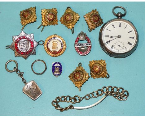 A silver-cased key-wind open-face pocket watch, (not working), a small silver locket, a modern silver identity bracelet, a ri