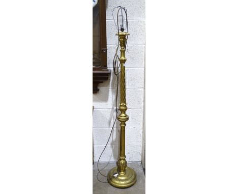 A gilt-painted wooden standard lamp, a jardinière stand on ring-turned supports and triform base and a wood armchair with uph