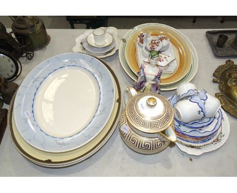 A Clarice Cliff oval meat plate decorated with dolphins, designed by W P Robins, 42 x 33cm, another designed by Milner Gray w