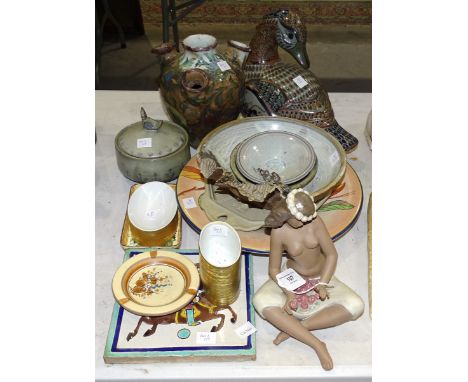 A Nao semi-naked seated Hawaiian native female figure and other mainly modern ceramics and pottery. 