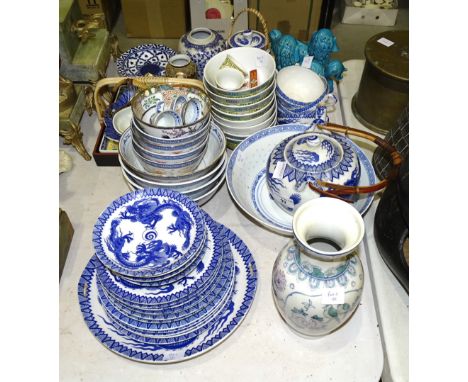 A collection of 20th century blue and white Oriental ceramics and a pair of turquoise ceramic standing temple dogs, 11cm high