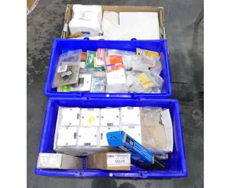 Three boxes of electrical equipment and components, light switches, sockets, Omicron 8000 light bulbs etc  