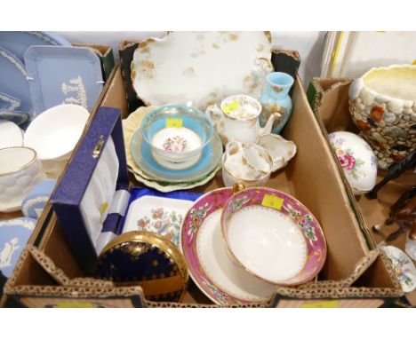 Box of cabinet cups and saucers, Limoges miniature tea for one breakfast set, trinket dishes etc  