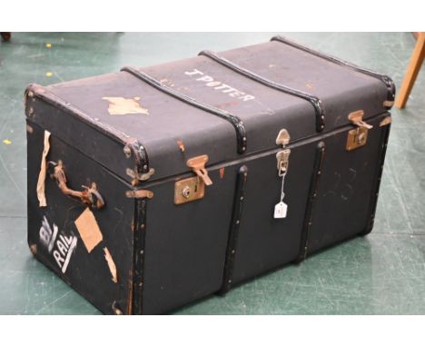Blue vintage travel trunk with painted name to top "J. Potter"