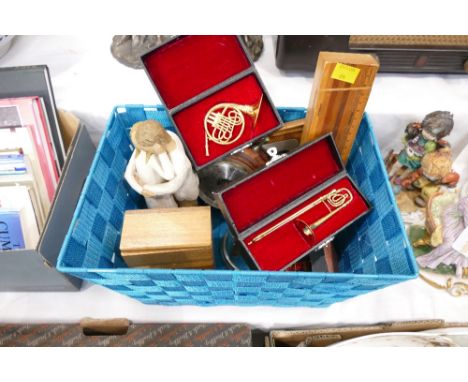 Basket of Willow Tree ornament, barometer, wooden pencil case, boxed miniature brass instruments etc