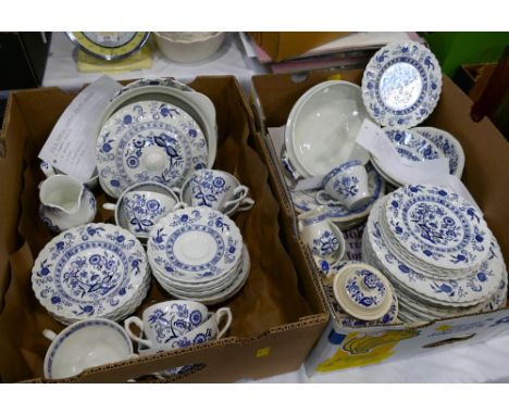 Two boxes of J & G Meakin Blue Nordic pattern dinner and tea ware and other blue and white ceramics