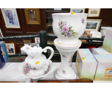 Floral jug and basin and matching plant stand and vase 