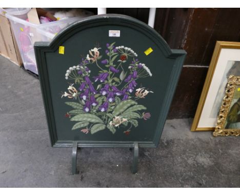 Painted firescreen decorated with honeysuckle and foxgloves, 70 cm high