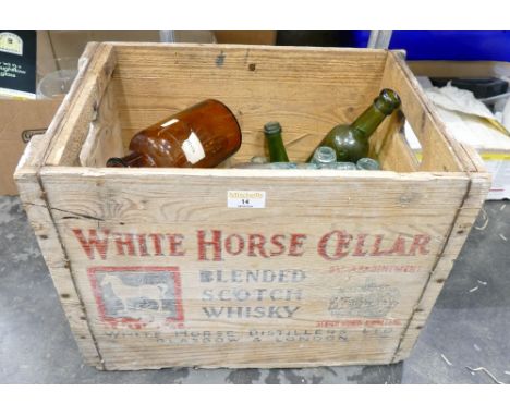 Wooden advertising crate for White Horse Cellar Blended Scotch Whisky, containing vintage chemist, pop and brewery bottles  