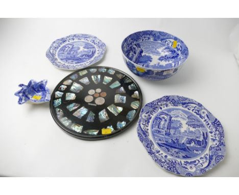 Mother of pearl shell decorative plaque, New Zealand coins and Spode Italian blue and white china  