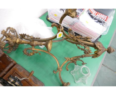 Vintage brass ceiling hung ornate light fitting, 70 cm, with three glass shades 