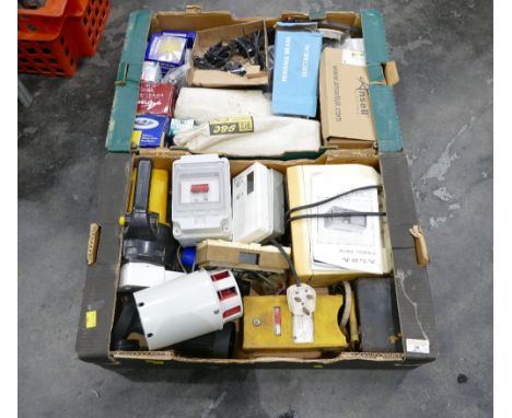 Two boxes of electrical equipment, Alba portable television, socket sets, light fittings, light bulbs etc