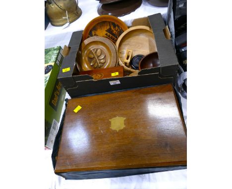 Empty cutlery canteen and box of wooden ware, carved plates, card boxes, trinket boxes etc