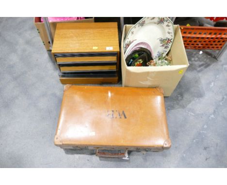 Vintage leather suitcase, cassette tape, storage system and box of decorative plates and ceramic ornaments 