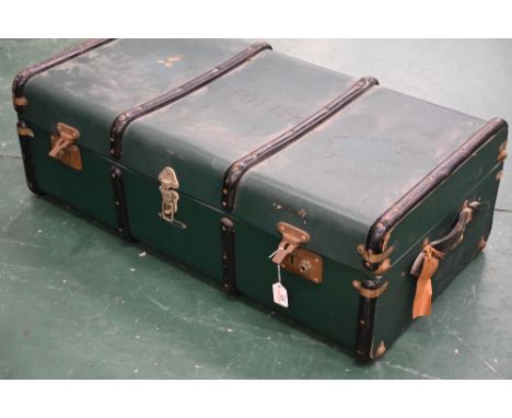 Vintage green travel trunk painted to top "J. Potter"