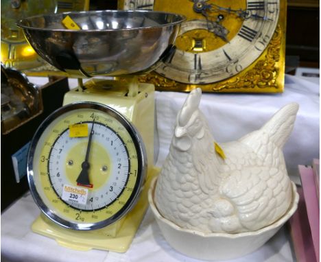 Set of vintage Typhoon scales and hen on nest