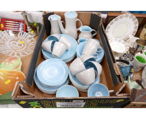 Poole Pottery two tone mushroom and duck egg blue coffee and tea service, dinner plates and bowls etc