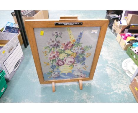 Floral tapestry firescreen in wooden frame with plaque for the London Woodworker Show 1985, 60 cm high 