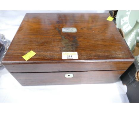 Wooden sewing box with mother of pearl inlaid plaque "To M.C.B. Woolfield from Her Affectionate Brother" containing vintage t
