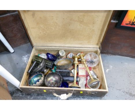 Vintage suitcase of Carnival Glass, brass candlesticks, metal iron, vases, ornaments, etc 