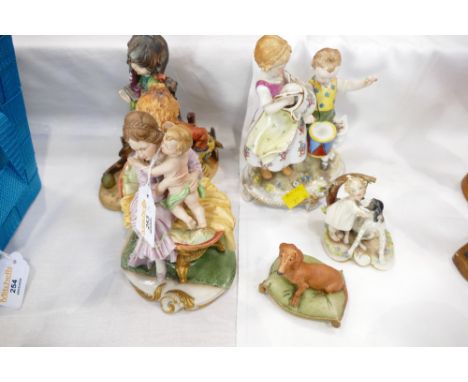 Four Capodimonte figurines and Continental porcelain figure of children playing with toys  