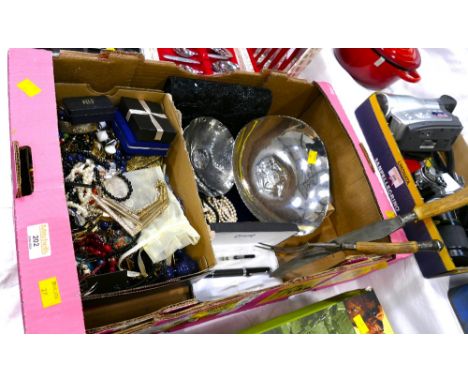 Box of vintage costume jewellery, beaded ladies bag, autograph pen set, antler handled knife and fork and Keswick School of I