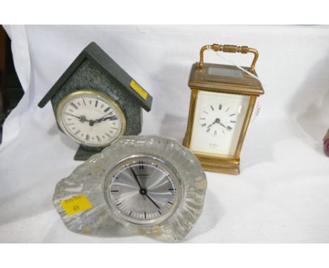 Brass carriage clock by St. James of London "Presented to Mr J Makinson for Good Service 1967-1982" and two other slate and g