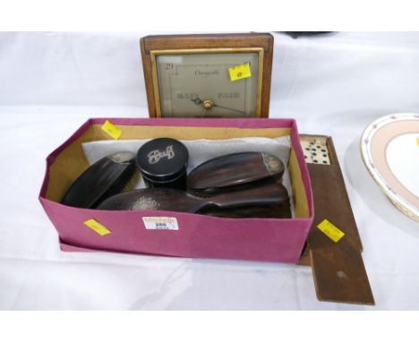 Ebonised wooden dressing table brush set with silver emblems, vintage dominoes and Smith's barometer 